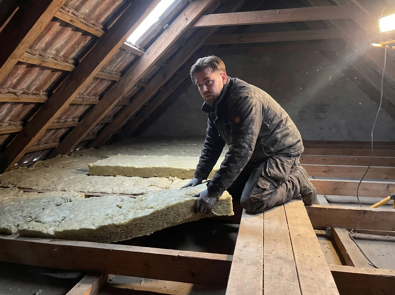 Tagmanden presser isolering ned mellem spærene på et loft