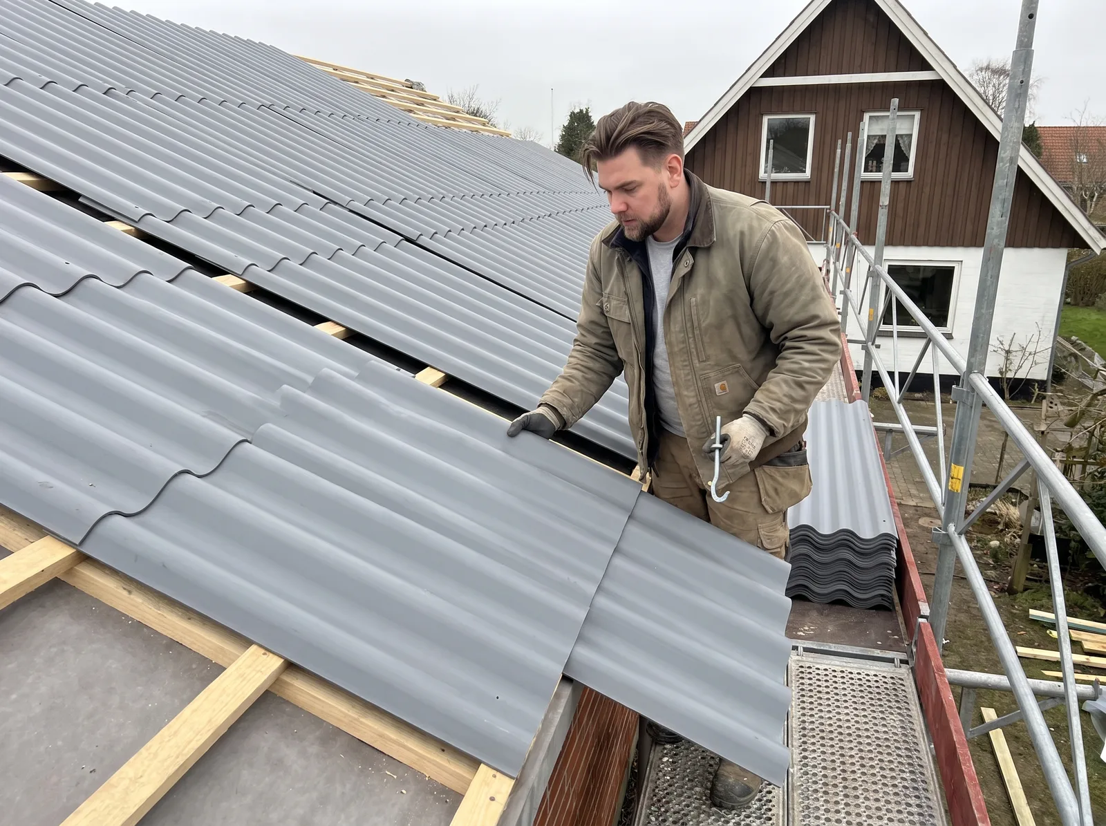 Eternittag: tagmanden lægger nye, asbestfri fibercementplader