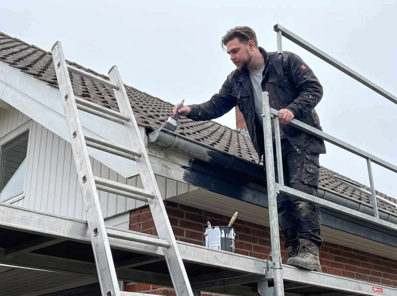 Maling af tagrender: tagmanden maler en tagrende med pensel fra stigen