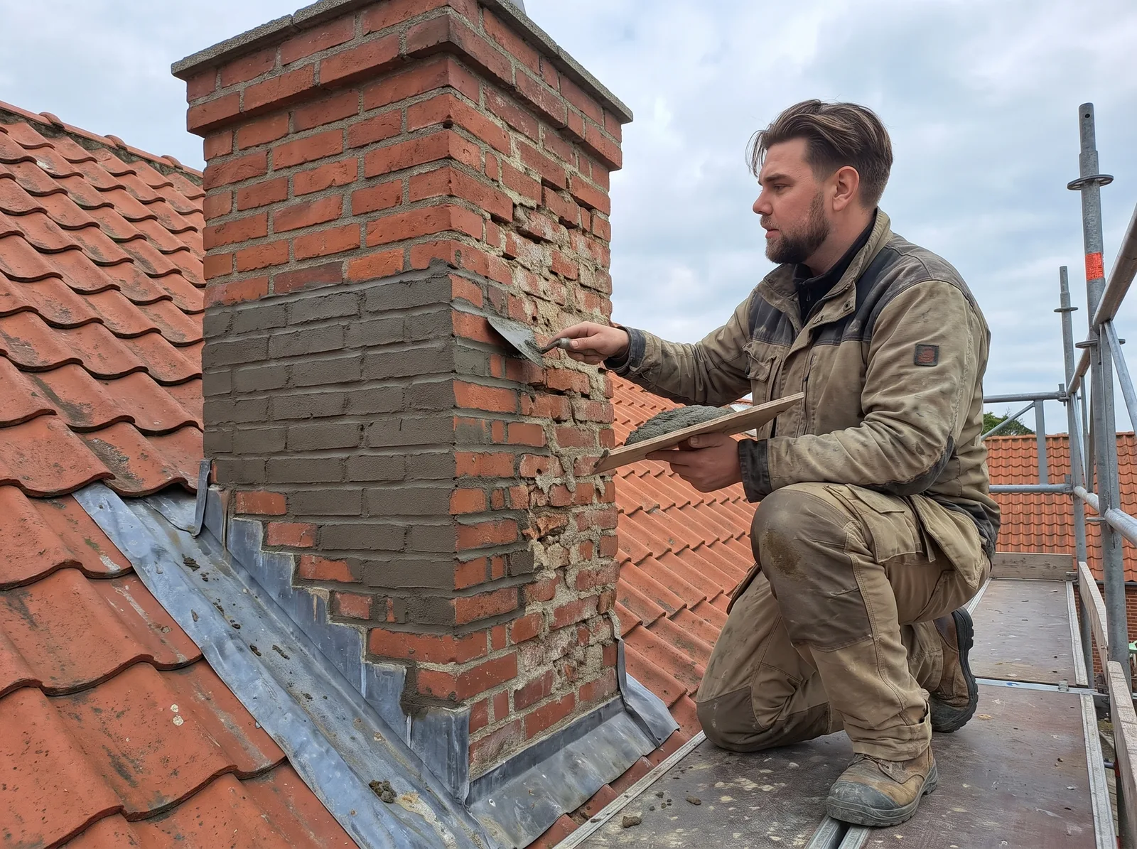 Skorstensrenovering: tagmanden fuger en muret skorsten om over taget