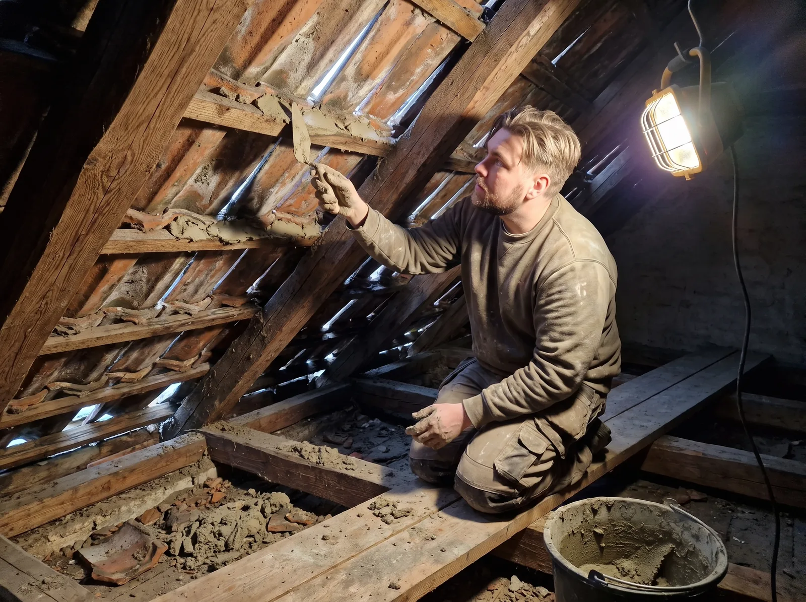 Understrygning: tagmanden stryger mørtel ind i tagstenenes samlinger indefra loftet